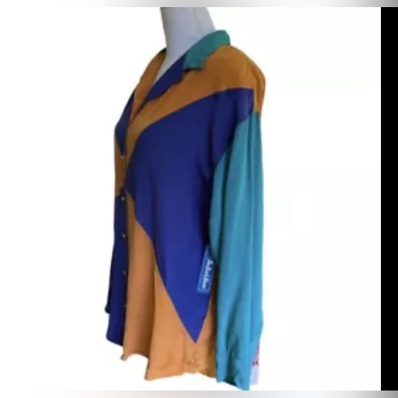 Vtg 80s Top 100% Silk Color Block Blouse Gold Buttons Shoulder Pads Size L - Picture 3 of 10